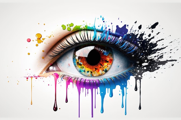 Konzeptionelle künstlerische Fotografie einer Nahaufnahme eines Womans Auges mit Farbspritzern, Explosionen und Tropfen isoliert auf weißem Hintergrund Nahaufnahme eines weiblichen Auges mit Farbe rundum