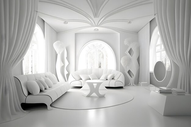 Konzeptionelle weiße Innenarchitektur Wohnzimmer Monochromes Wohnzimmer Ai Generativ