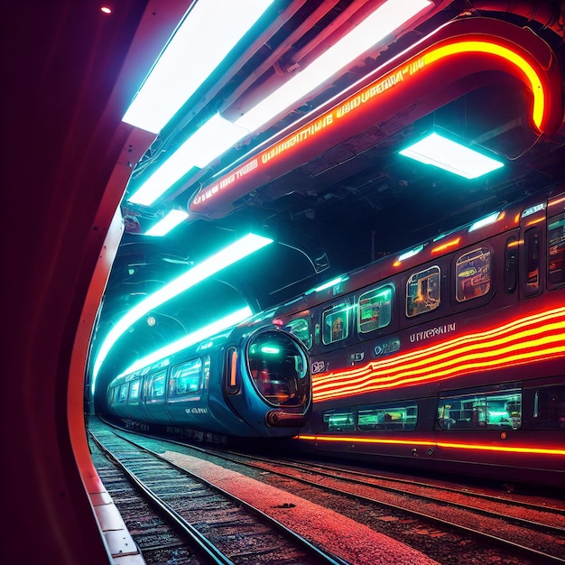 Konzeptkunst des U-Bahn-Tunnels in der generativen Neon-Stadt der Zukunft von KI