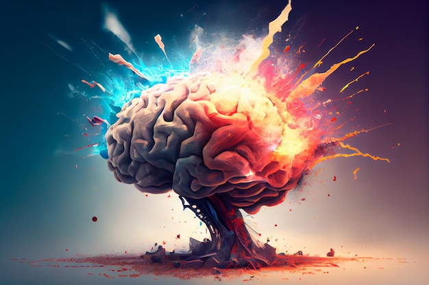 Konzeptkunst eines menschlichen Gehirns, das vor Wissen und Kreativität explodiert, generative KI