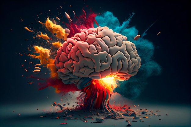 Konzeptkunst eines menschlichen Gehirns, das vor Wissen und Kreativität explodiert, generative KI