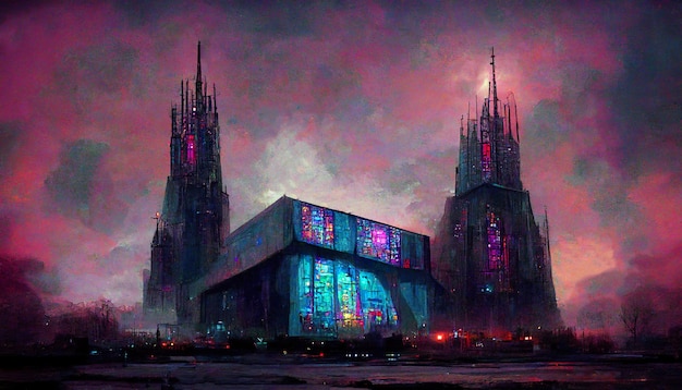 Konzeptkunstillustration der Cyberpunk-Kathedrale