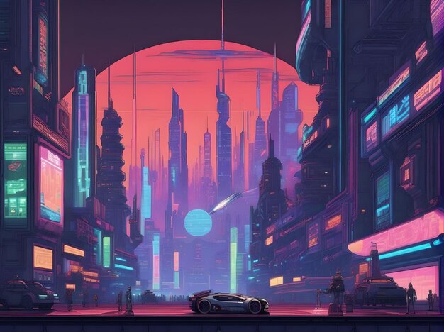 Konzeptuelle Illustration des futuristischen Lebens in einer Stadt mit Neon-Wolkenkratzern und Fahrzeugen