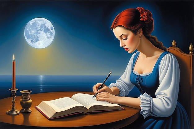 Konzeptuelle Kunst einer Frau, die an einem Tisch sitzt und in einem Buch schreibt, Illustrationsgemälde im Stil von Rafal Olbinski