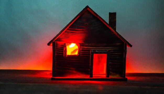 Foto konzeptueller hintergrund ein verbranntes holzhaus mit rotem licht