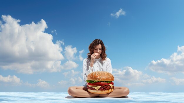 Konzeptuelles Bild einer Frau, die auf einem großen Hamburger gegen den blauen Himmel sitzt