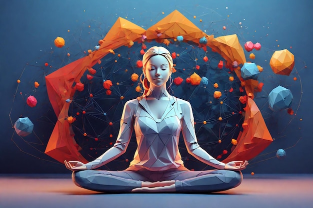 Konzeptuelles Bild einer jungen Frau, die in einer Lotus-Pose meditiert, 3D-Rendering.