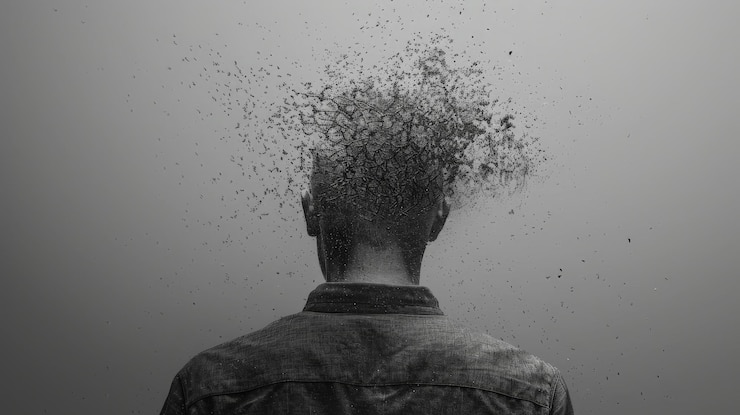 Foto konzeptuelles bild eines kopfes einer person, der in partikel zerfällt, was psychischen stress oder gedächtnisverlust symbolisiert. monochrome kunst