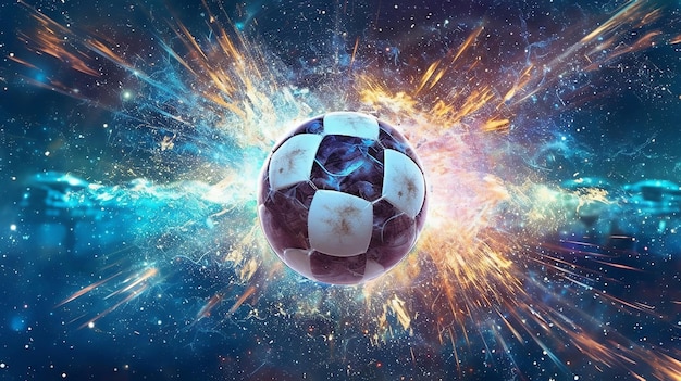 Foto konzeptuelles digitales kunstwerk mit einem fußball, der mit lichtstrahlen und partikeln gegen einen kosmischen hintergrund explodiert.