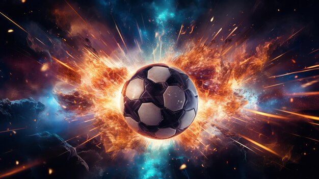 Foto konzeptuelles digitales kunstwerk mit einem fußball, der mit lichtstrahlen und partikeln gegen einen kosmischen hintergrund explodiert.