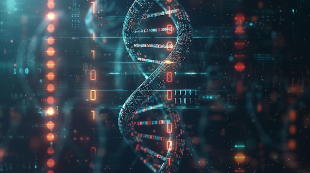 Konzeptuelles Kunstwerk zum Speichern von DNA-Daten mit digitaler Helix und Binärcode in Hightech-leuchtendem Hintergrund