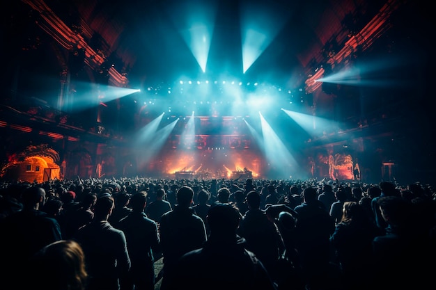 Konzertmenge in der Halle der Bühne mit Lichtern und bunten Bühnen Menschen in einem dunklen Club Neonlichter Menschenmenge mit ihren handsgenerativen ai