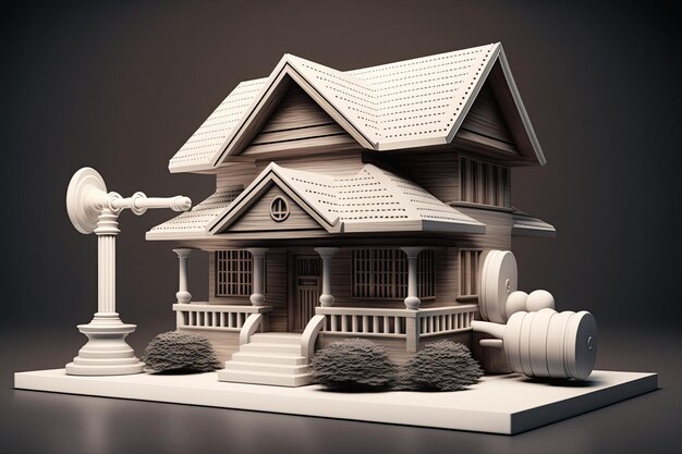 Konzipieren Sie eine Immobilienauktion mit einem Holzhammer und einem Haus als begehrtem Preis