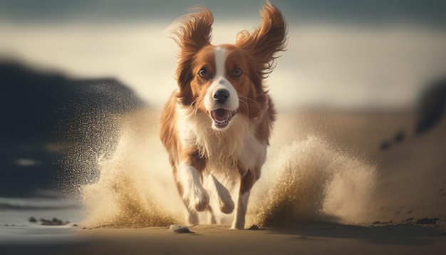 Kooikerhondje correndo na praia realista