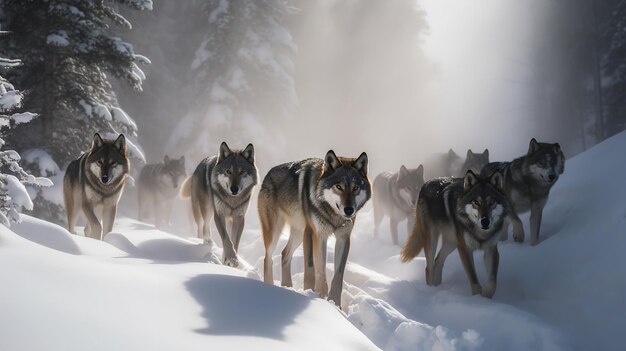 Foto koordinierte wolfsrudeljagd in der verschneiten wildnis