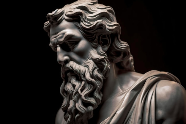 Kopf des griechischen Gottes Skulptur Statue eines Mannes mit langem Bart auf dunklem Hintergrund KI-generiertes Bild