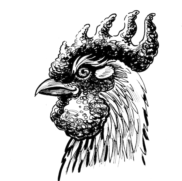 Kopf des Hahns. Tinte Schwarz-Weiß-Zeichnung