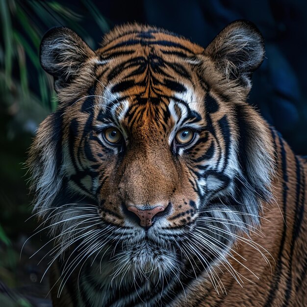Kopf des Tigers Sumatra Nahaufnahme mit dunkelblauer Wand Ai generative