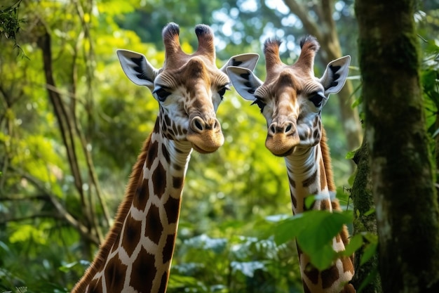 Kopf einer Giraffe auf einem grünen Feld mit Bäumen rund um