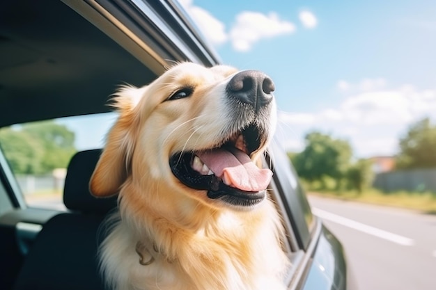 Foto kopf eines glücklichen hundes, der aus dem autofenster schaut und eine fahrt genießt