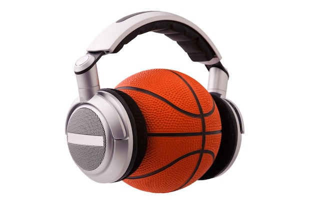 Kopfhörer auf einem Basketball-Sport- und Musikkonzept