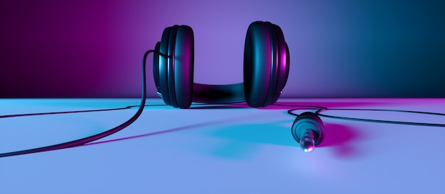 Kopfhörer auf einer nahaufnahme des schwarzen hintergrunds in neonlicht, 3d illustration