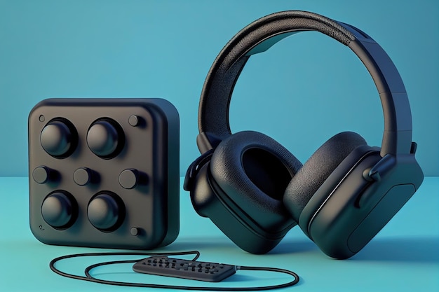 Kopfhörer und Spielekonsole auf blauem Hintergrund Generative KI