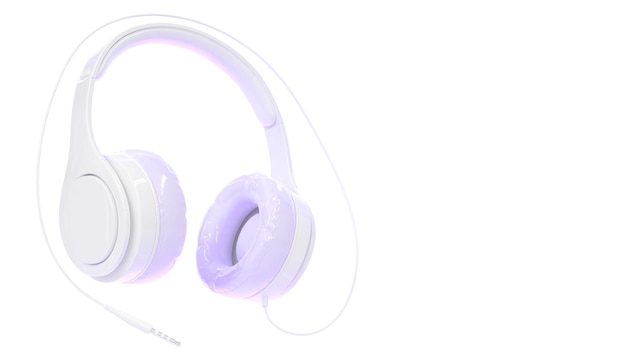Kopfhörer zum Hören von Musik DJ-Audio-Headset isoliert auf weißem Hintergrund Lila weiße Stereo-Kopfhörer mit Kabelzubehör mit Tonlautsprecher Winkelansicht Realistisches 3D-Render-Mockup-Werbebanner