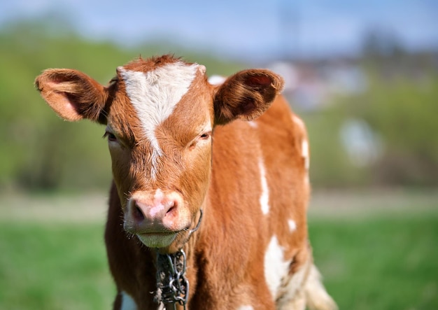 Kopfporträt eines jungen Kalbs, das am Sommertag auf der grünen Weide weidet Fütterung von Rindern auf Ackerland