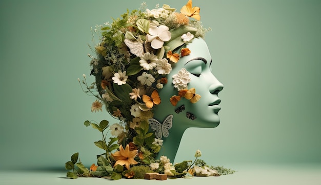 Kopfprofil mit Blumen und Schmetterlingen