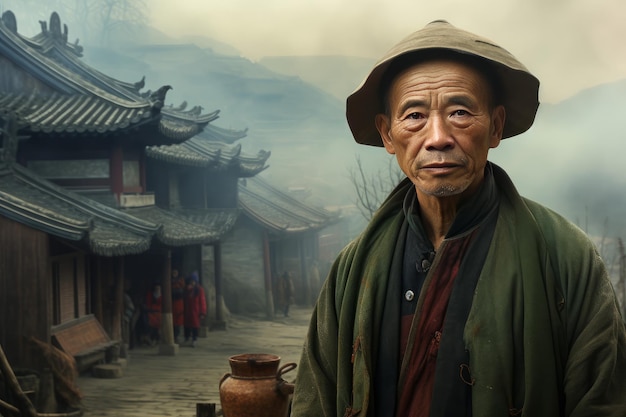 Foto kopfsteinpflaster chinesisches dorf person straße asiatische landschaft generate ai