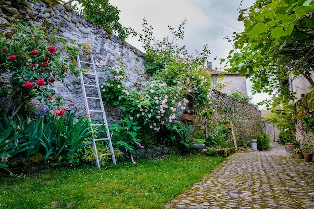 Kopfsteinpflaster und üppige Straße im mittelalterlichen Dorf Saint Lizier in den französischen Pyrenäen