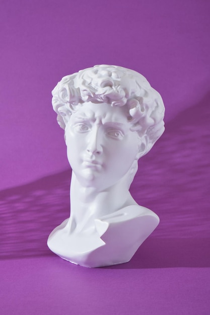 Kopie des Kopfes einer antiken Davidstatue auf violettem Hintergrund