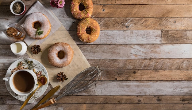 Kopie des Weltraumbildes von Variety of Donuts über einem rustikalen Hintergrund, das von oben aufgenommen wurde