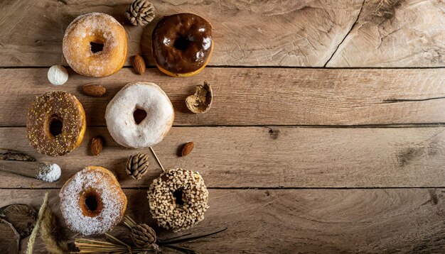 Kopie des Weltraumbildes von Variety of Donuts über einem rustikalen Hintergrund, das von oben aufgenommen wurde