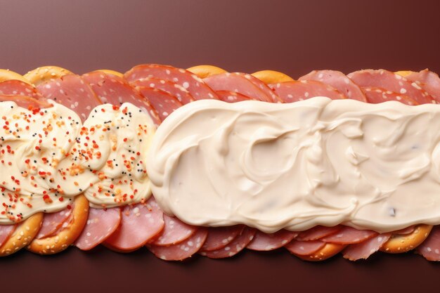 Foto kopierbereich, hintergrund, brotscheibe und wurst-mayonnaise-topping. generative ki