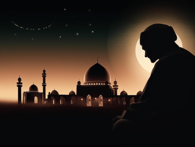 Kopieren Sie Platz für Ramadan und Islam Hintergrund Cartoon-Illustration einer Moschee mit Mond und Sternen