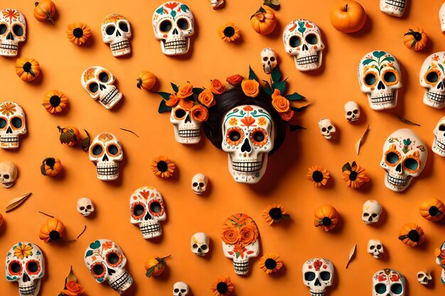 Kopieren Sie Platz für Text am rechten Tag der Toten Dia de Muertos auf aprikosenfarbenem Hintergrund