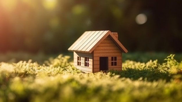 Kopierraum des Wohn- und Lebenskonzepts Kleines Modellhaus auf grünem Gras mit abstraktem Sonnenlicht