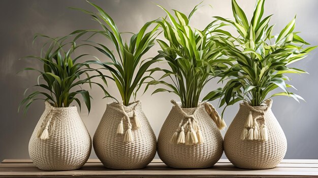 Foto kopierraum mit dekorativen topfpflanzen in umweltfreundlichem strohkorb hobby-konzept anbau und