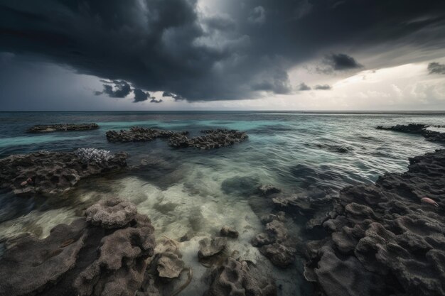 Korallenriff unter stürmischem Himmel mit Donner und Blitz, erzeugt mit generativer KI
