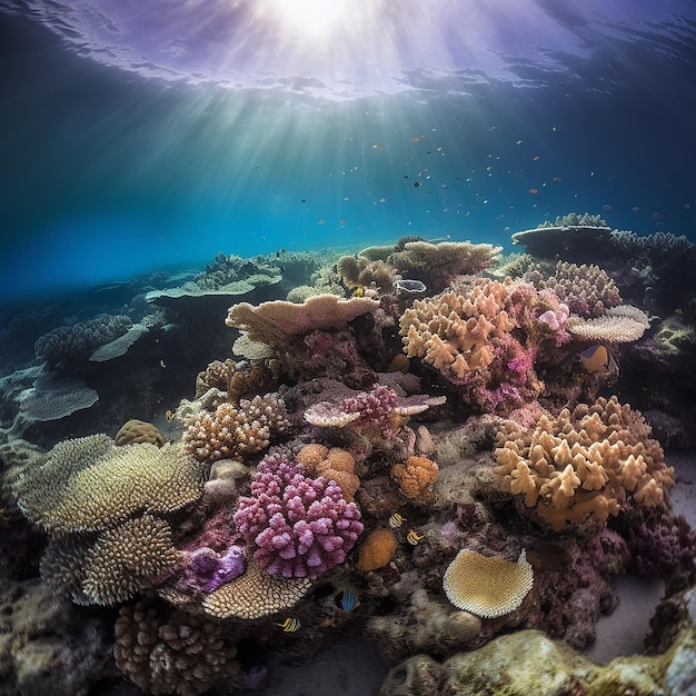 Korallenriff unter Wasser schießt schöne bunte Korallen Fische klares Wasser schöner Meereshintergrund