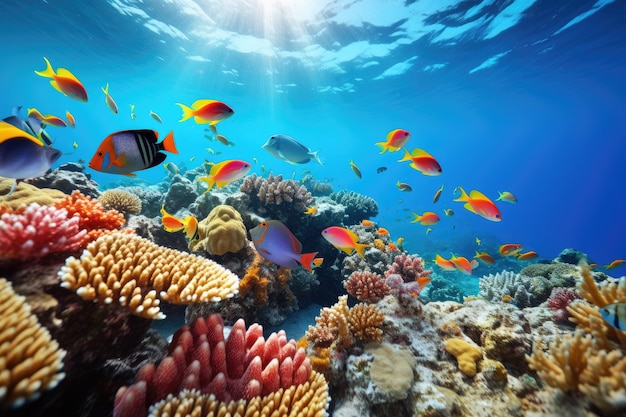 Korallenriffe und Fische im Roten Meer Ägypten Afrika Großer Fischschwarm an einem tropischen Korallenriff im Roten Meer KI-generiert