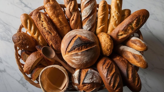 Korb mit Brot und Lavash auf Marmor-Hintergrund hochwertiges Foto