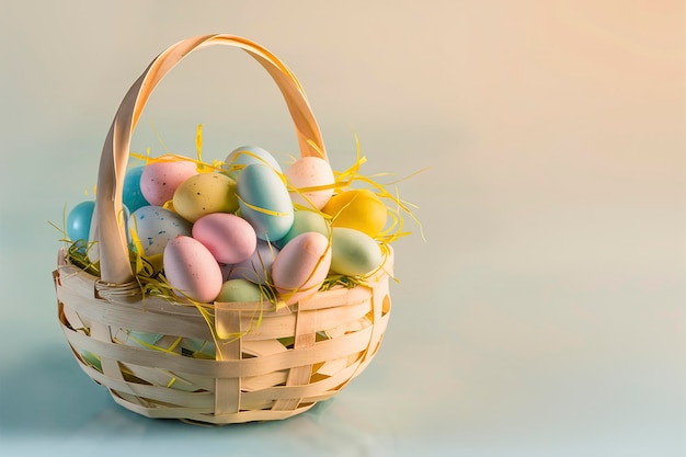 Korb mit bunten Ostereiern auf blauem Hintergrund mit Kopierraum