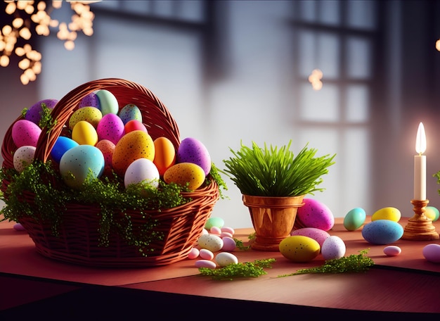 Korb mit bunten Ostereiern und Blumen auf dem Tisch