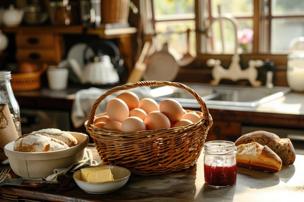 Korb mit Hühnereiern, Butterbrot in einer Bauernhausküche