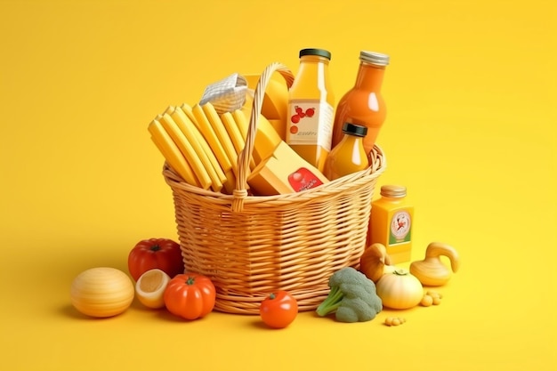 Korb mit Lebensmitteln auf gelbem Hintergrund Supermarkt Generative KI