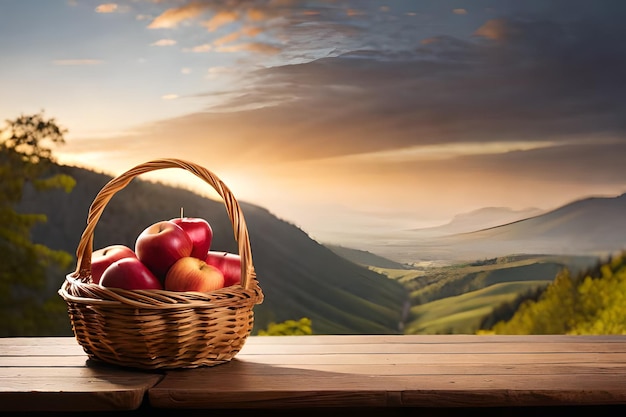 Korb mit Äpfeln auf einem Tisch mit einem Berg im Hintergrund