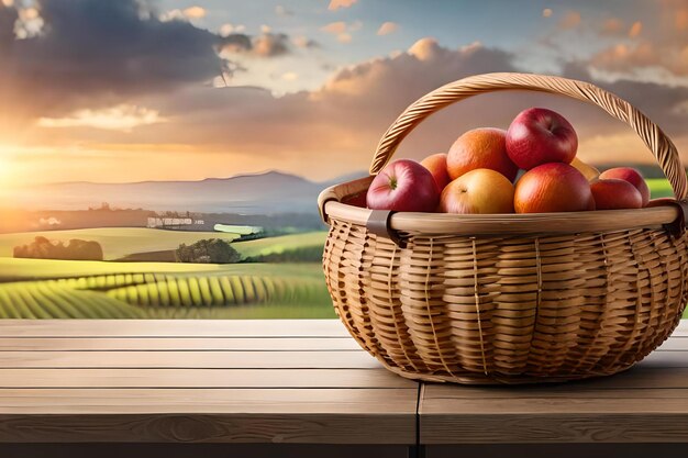 Korb mit Äpfeln auf einem Tisch mit einem Sonnenuntergang im Hintergrund